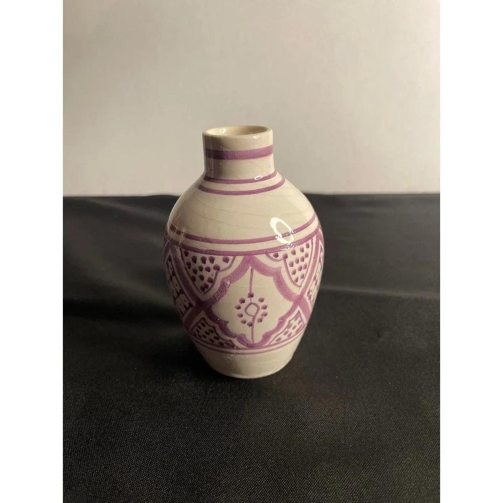doTERRA Handmade Moroccan‎ Ceramic Bud Vase Purple Hand Painted Geometric 4.5in